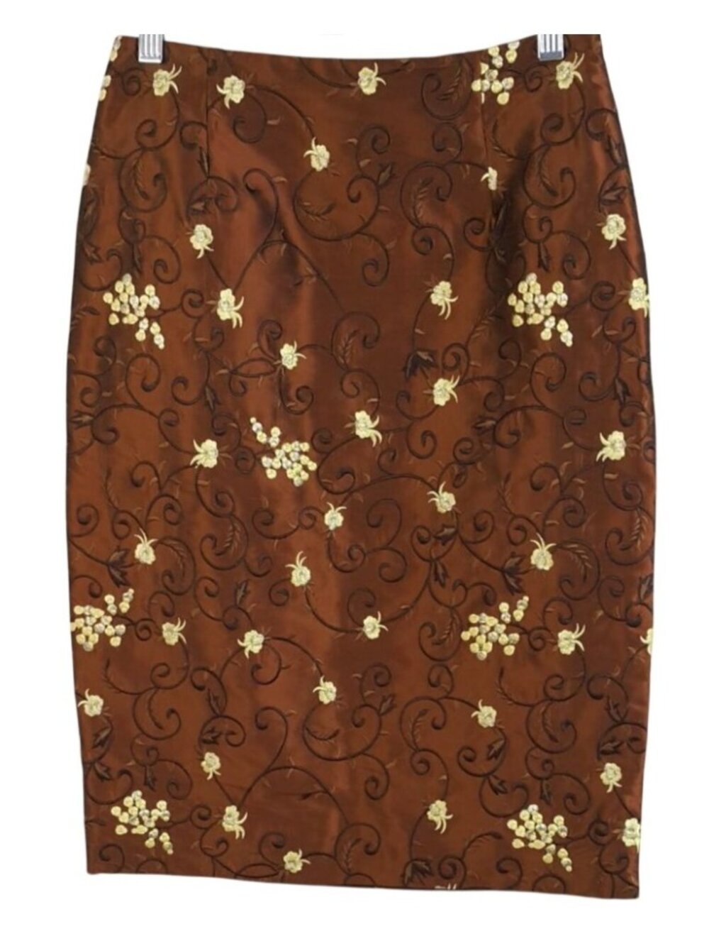 Etcetera Womens Floral Silk Skirt Brown Size 2 Lined Zip Embroider Straight Y2K